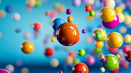 Poster - Colorful image of many different colored balls floating in the air. Concept of fun and playfulness, as the balls are scattered in various sizes and colors, creating a lively and energetic atmosphere