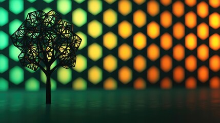 Poster - Plane tree abstract background idea. A minimalist tree silhouette against a colorful geometric background of vibrant lights.