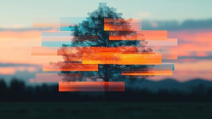 Poster - Plane tree abstract background idea. A stylized tree at sunset showcasing vibrant colors and creative design.