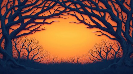Poster - Plane tree abstract background idea. Silhouetted trees frame a vibrant orange sunset, creating a serene and tranquil scene.