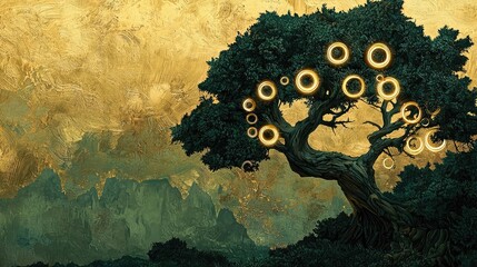 Poster - Plane tree abstract background idea. A mystical tree with glowing rings against a golden backdrop, evoking nature's wonder.