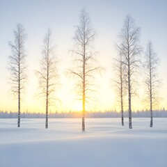 Wall Mural - Serene winter landscape with sunlit birch trees