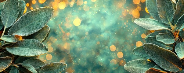 Poster - Sage leaves abstract background concept. A serene background featuring lush green leaves and bokeh lights, creating a calming vibe.