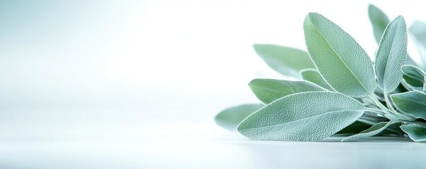 Poster - Sage leaves abstract background concept. A close-up of fresh green leaves on a light background, symbolizing nature and purity.