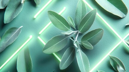 Poster - Sage leaves abstract background concept. Fresh green leaves with neon light effects, perfect for modern botanical aesthetics.