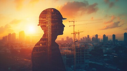 Poster - A construction worker silhouette is set against a vibrant sunset, highlighting cranes and the urban skyline. This scene captures the essence of development and progress in real estate.