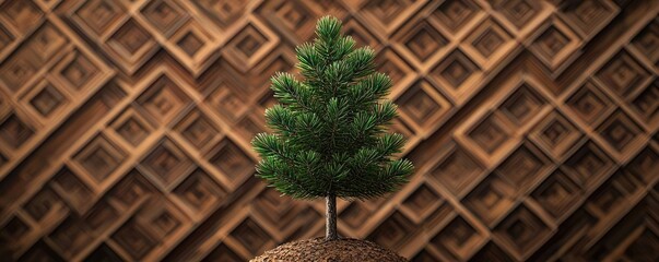 Poster - Pine tree abstract background idea. A vibrant artificial tree set against an intricate wood background.