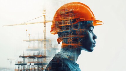 Fototapete - A construction worker wearing an orange hard hat stands in profile, merging with a vibrant graphic overlay of a building structure.