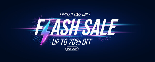 Poster - Flash sale banner design. Shopping poster with flash icon and text on abstract background of glowing laser beams. Business Template design. Vector illustration. EPS 10
