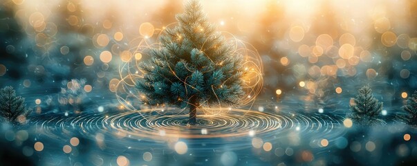 Poster - Pine tree abstract background idea. A serene landscape featuring a lone tree surrounded by dreamy, illuminated water ripples.