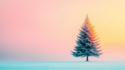 Poster - Pine tree abstract background idea. A solitary snow-covered tree against a pastel sunset sky.
