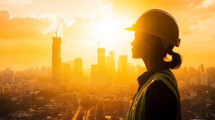 Fototapete - A construction engineer stands silhouetted against a vibrant sunset, overlooking a bustling skyline with cranes and buildings under development. The scene captures the growth of urban infrastructure.