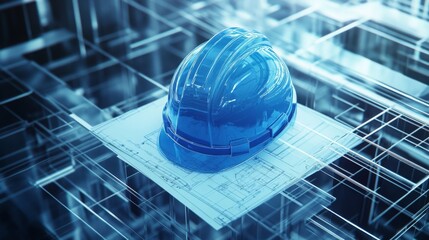 Fototapete - A blue construction helmet is resting on architectural blueprints within a contemporary real estate office. The environment features sleek lines and a digital aesthetic, emphasizing modern design.