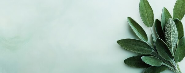 Poster - Sage leaves abstract background concept. A beautiful arrangement of green leaves on a soft mint background.
