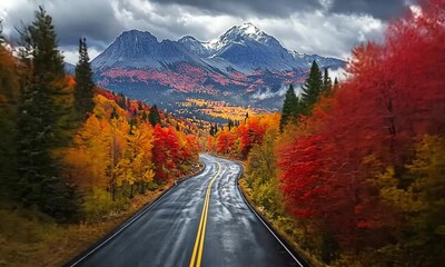 Wall Mural - Scenic road winds through colorful autumn foliage, showcasing vibrant trees and stunning landscapes against majestic mountains under dramatic sky.