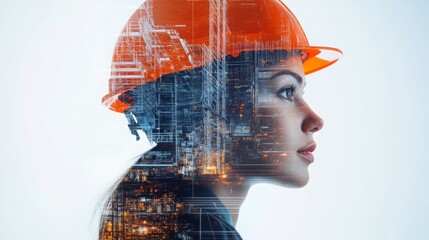 Fototapete - A woman wearing an orange hard hat stands in profile, with a digitally rendered skyline overlaying her face. This artistic representation emphasizes innovation in real estate and engineering.