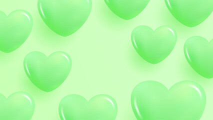 Poster - 3d light green glossy hearts. Romantic background for Wedding Day invitations and Valentine's Day holiday greetings. Vector Illustration.