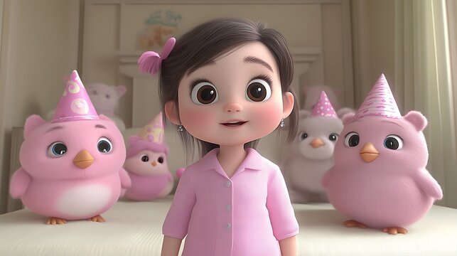 Cute girl celebrates birthday with pink birds.