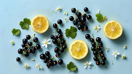 Wall Mural - Flat lay of blackcurrants and lemon slices with white flowers on a light blue background.  Concept of healthy food, summer refreshment, and natural ingredients.