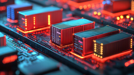 Poster - High tech circuit board with glowing containers and vibrant lights