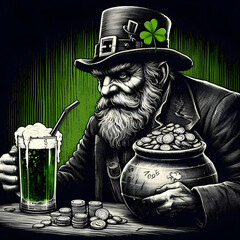 Leprechaun holding pot of gold and drinking green beer for St. Patrick's Day