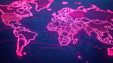 Poster - Digital world map with neon pink lines and grid background, showcasing global connectivity and technology