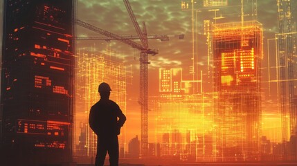 Fototapete - Silhouetted against a vibrant sunset, a figure in a hard hat observes a construction site. Digital overlays of building designs and cranes signal the integration of AI in real estate construction.