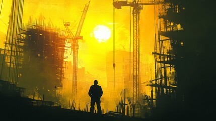 Fototapete - In a vibrant urban landscape, a construction worker stands silhouetted against a golden sunset.