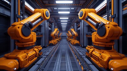 Poster - A futuristic factory scene featuring multiple robotic arms, designed for automation and precision in a high-tech environment.