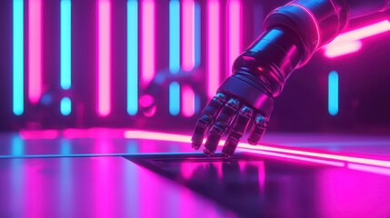 Poster - A futuristic robotic hand reaches towards glowing neon lights on a surface, creating a vibrant, tech-inspired atmosphere.