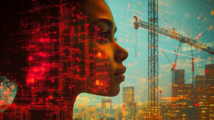Poster - A woman gazes thoughtfully towards a city skyline featuring cranes and construction.