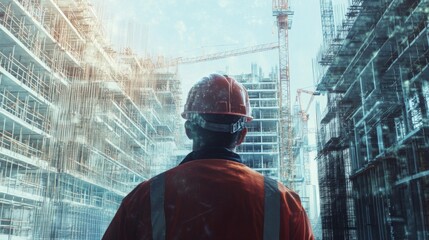 Fototapete - A construction worker, wearing a hard hat and safety gear, stands on a building site.
