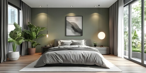 Wall Mural - Elegant Gray Bedroom Interior Design with Olive Green Walls and Natural Light