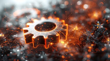 Poster - Intricate gears and digital connections illuminate a futuristic workspace with vibrant orange glow