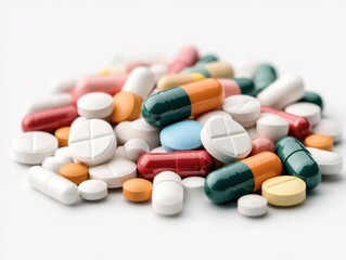 A collection of various colored capsules and tablets scattered on a white background, showcasing diversity in pharmaceutical forms.