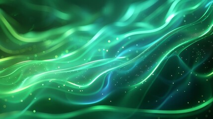 Poster - swirling green and blue light waves create an abstract pattern with glowing particles in a dark back