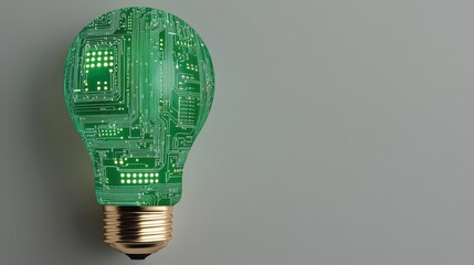 Poster - A green light bulb designed with circuit patterns, symbolizing innovation and eco-friendly technology.