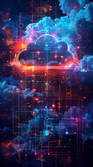 Poster - Digital cloud network with vibrant colors and intricate circuit patterns in deep space