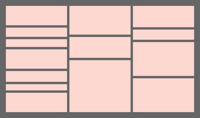 Dimensions 16x9 trendy bento grid layout style brick Ui UX templates. Web comic grids with right angles. Different panel layouts with y2k and brutal shapes tiles of different sizes Vector illustration