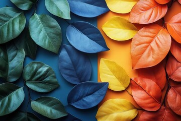 Wall Mural - Colorful arrangement of leaves on vibrant backgrounds for creative designs and promotions