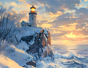 Wall Mural - Winter Lighthouse Sunset