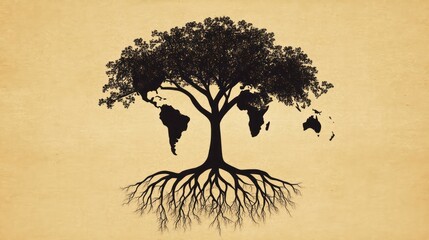 Poster - World map shaped tree with detailed roots and branches on parchment background.