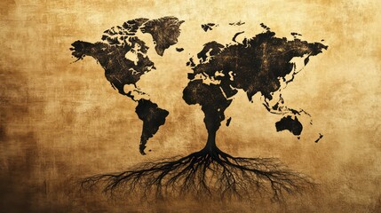 Poster - World map shaped as tree with roots on grunge background.