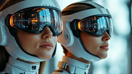 Aufkleber - Future Forward: Two women in futuristic helmets gaze intently into the distance, their expressions hinting at determination and technological advancement.