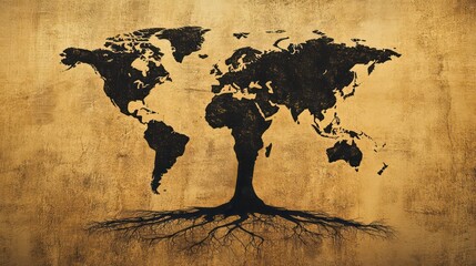 Poster - World map shaped as a tree with roots on grunge background.