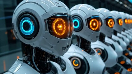 Aufkleber - The Rise of the Machines: A line of advanced humanoid robots, each with glowing blue and orange eyes, stands in a futuristic factory, reflecting on the future of artificial intelligence.  