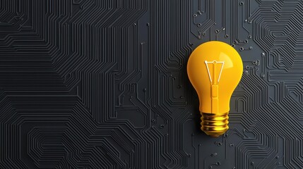 Poster - A bright yellow light bulb on a dark circuit board background symbolizes innovation and technology.