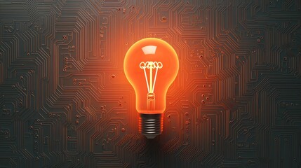 Poster - A glowing orange light bulb on a dark, circuit-patterned background symbolizes innovation and creativity.