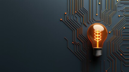 Fototapete - A glowing light bulb sits against a dark background, surrounded by intricate circuit patterns, symbolizing innovation and technology.