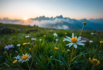 Daisies blooming in mountain meadow at sunrise